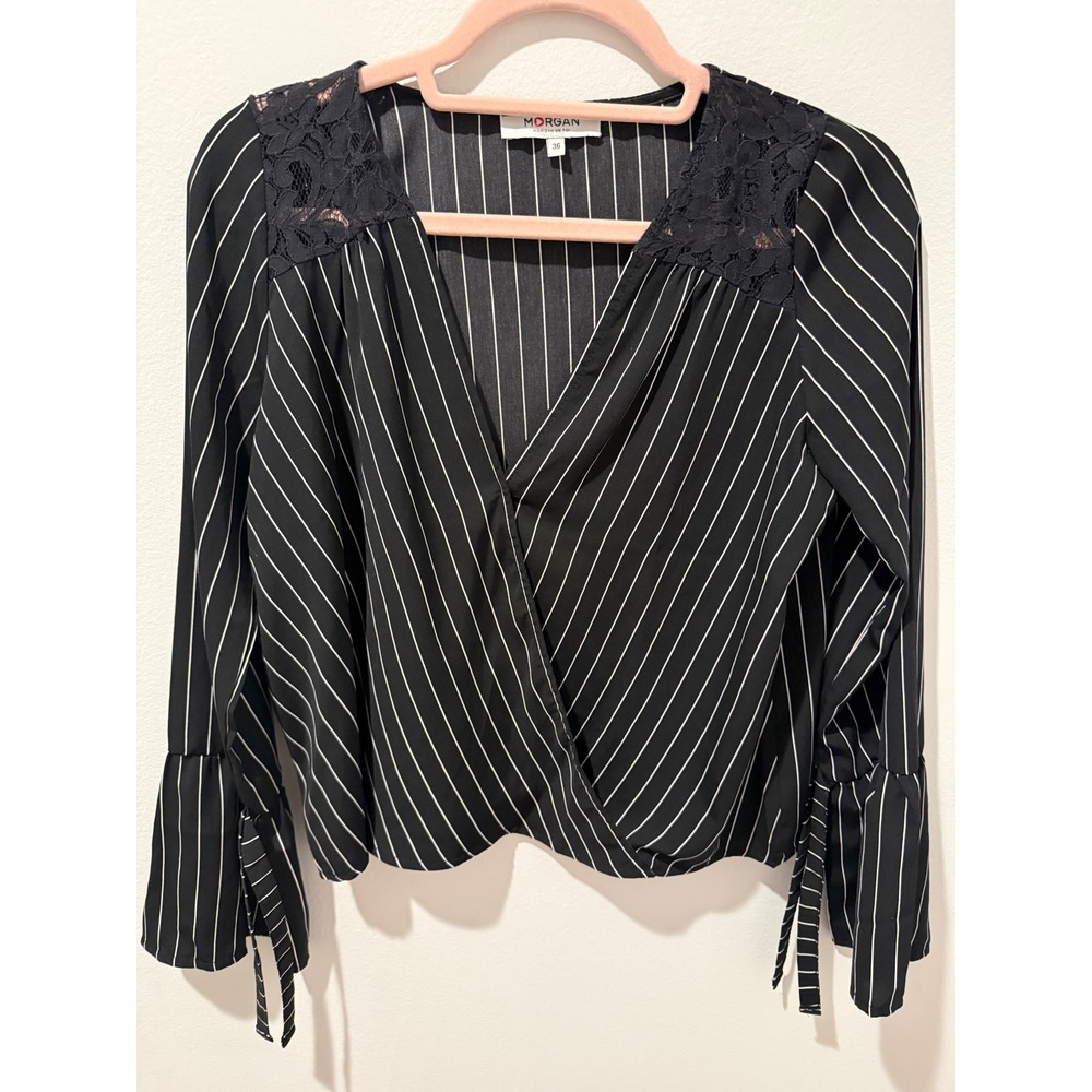 Morgan De Toi Pinstripe Lace Shoulder Wrap Blouse Size 36